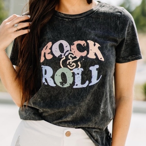 Tops - . Rock & Roll Mineral Wash Short Sleeve Graphic T-Shirt